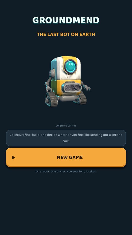 Title screen: Groundmend, the last bot on Earth, with the robot Mop-7 and the New game button