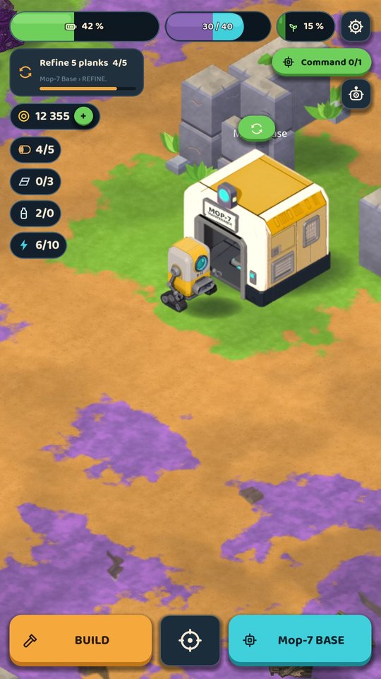 Mop-7 next to his base in the middle of the purple wasteland