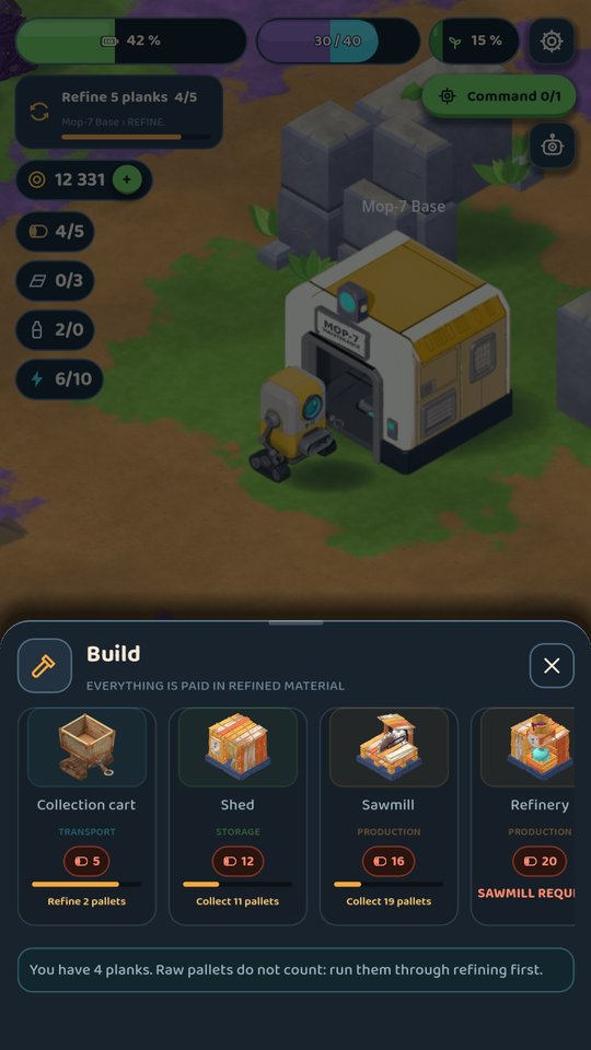 The Build menu: collection cart, shed, sawmill and refinery