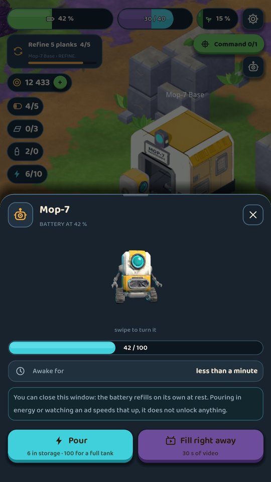 Mop-7's battery screen: pour energy from storage or fill it right away
